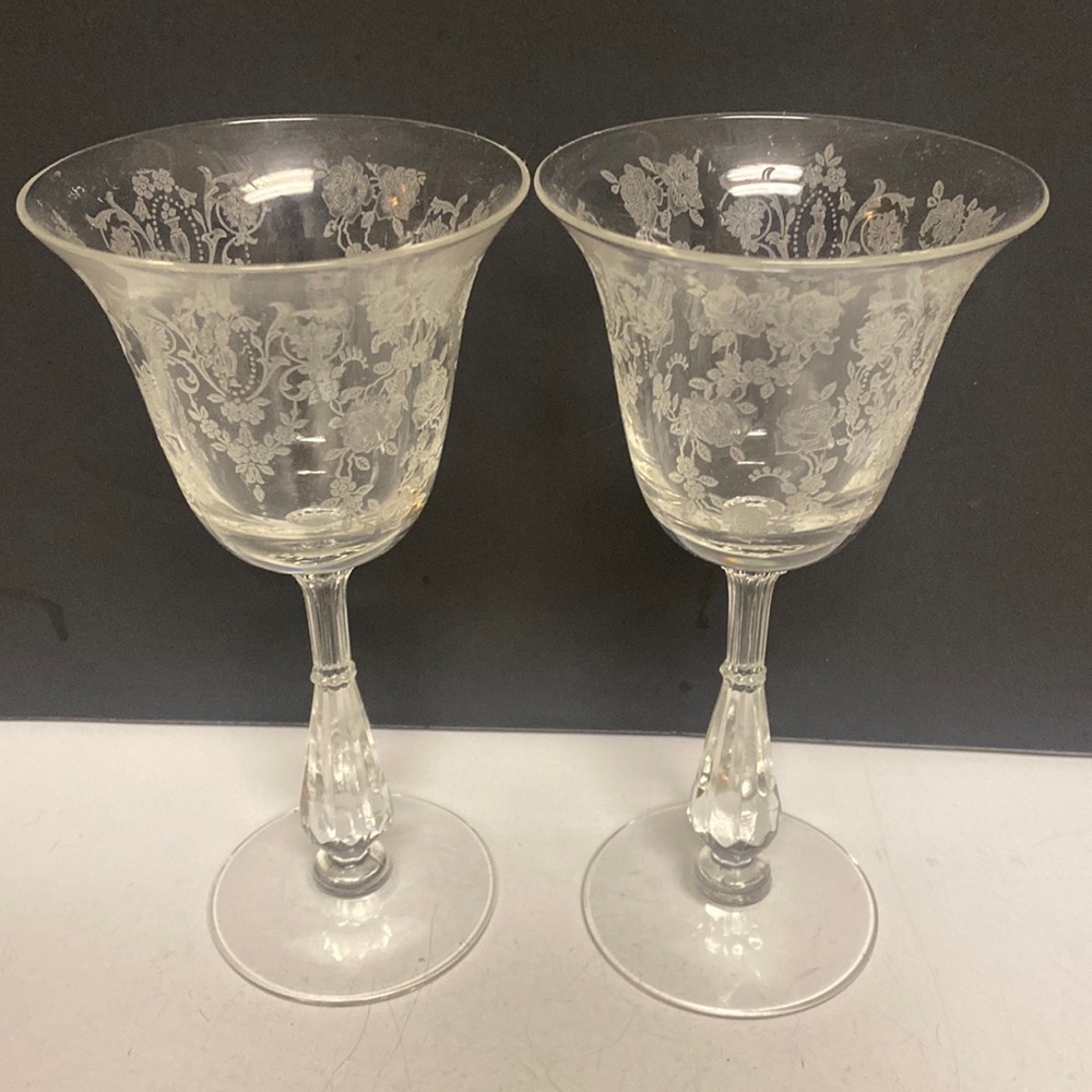 Tiffin-Franciscan Cherokee Rose Etched Crystal Water Wine Glasses Set of Two